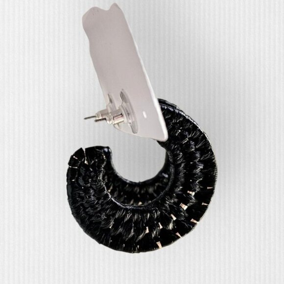 Nordstrom‎ Elegant Black Braided Raffia Hoop Earrings Boho Chic Style NWT - Picture 2 of 4